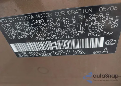 2007 Lexus Es 350 from USA, damaged, VIN JTHBJ46G872018809